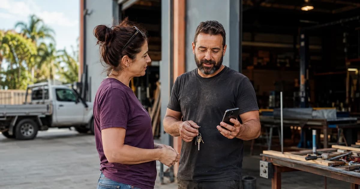 An Australian small business owner sharing contact details by phone outside a workshop