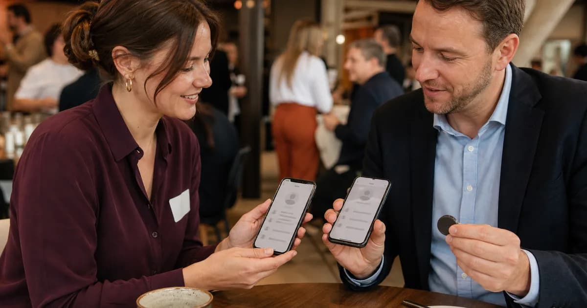 Two people using a phone to open contact details from an NFC tag