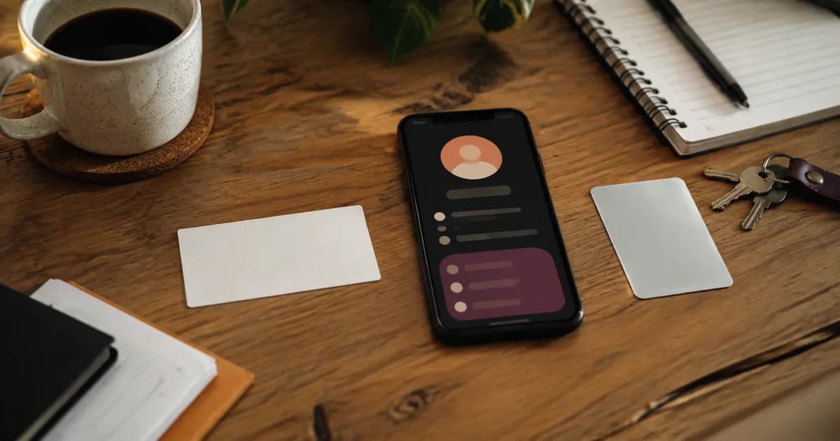 A paper business card and a phone displaying contact details on a timber table