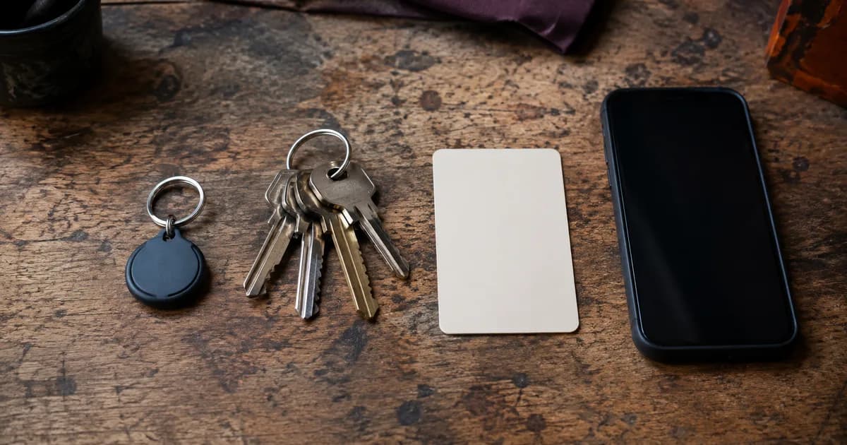 A compact keyring tag and a wallet-sized card beside keys and a phone